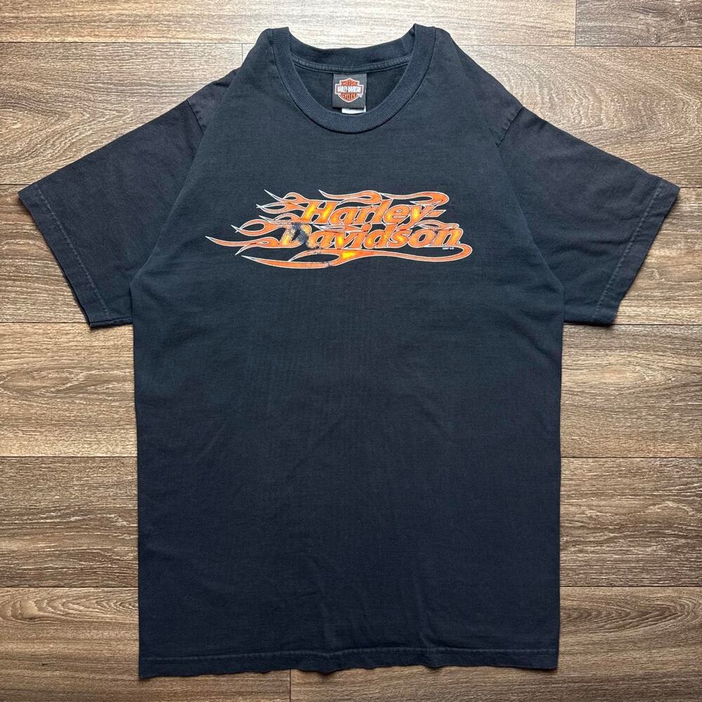 Vintage Y2K Harley Davidson Black Graphic Tee; Orange Flame Logo & Pin-Up Girl